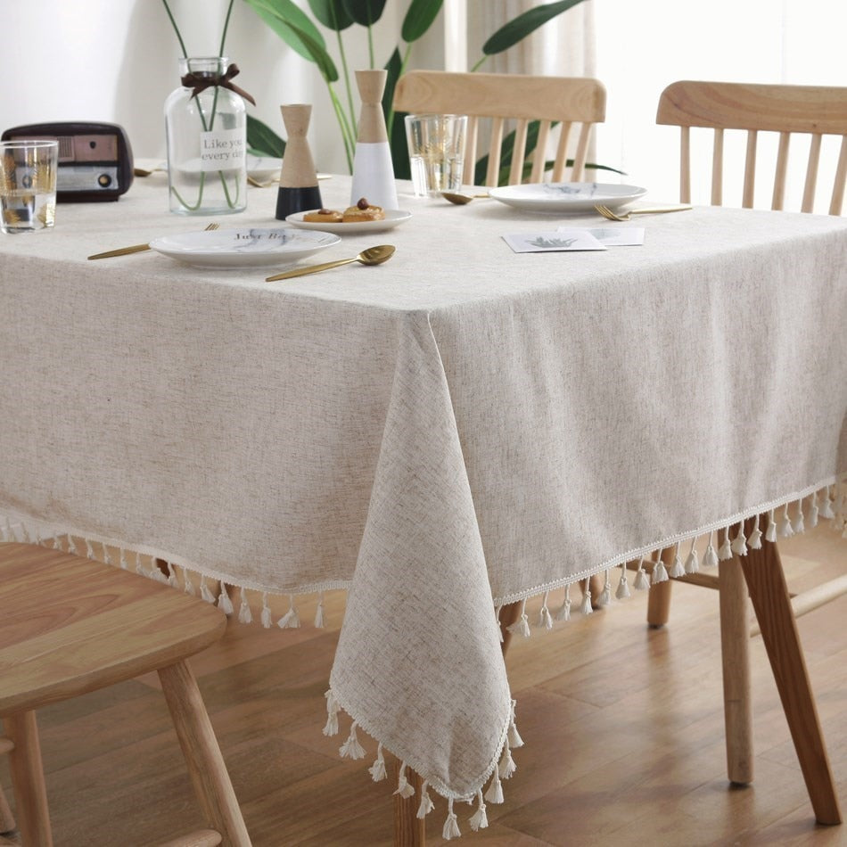 Cotton/Linen Rectangular Tablecloth with Lace/Tassel Boarder