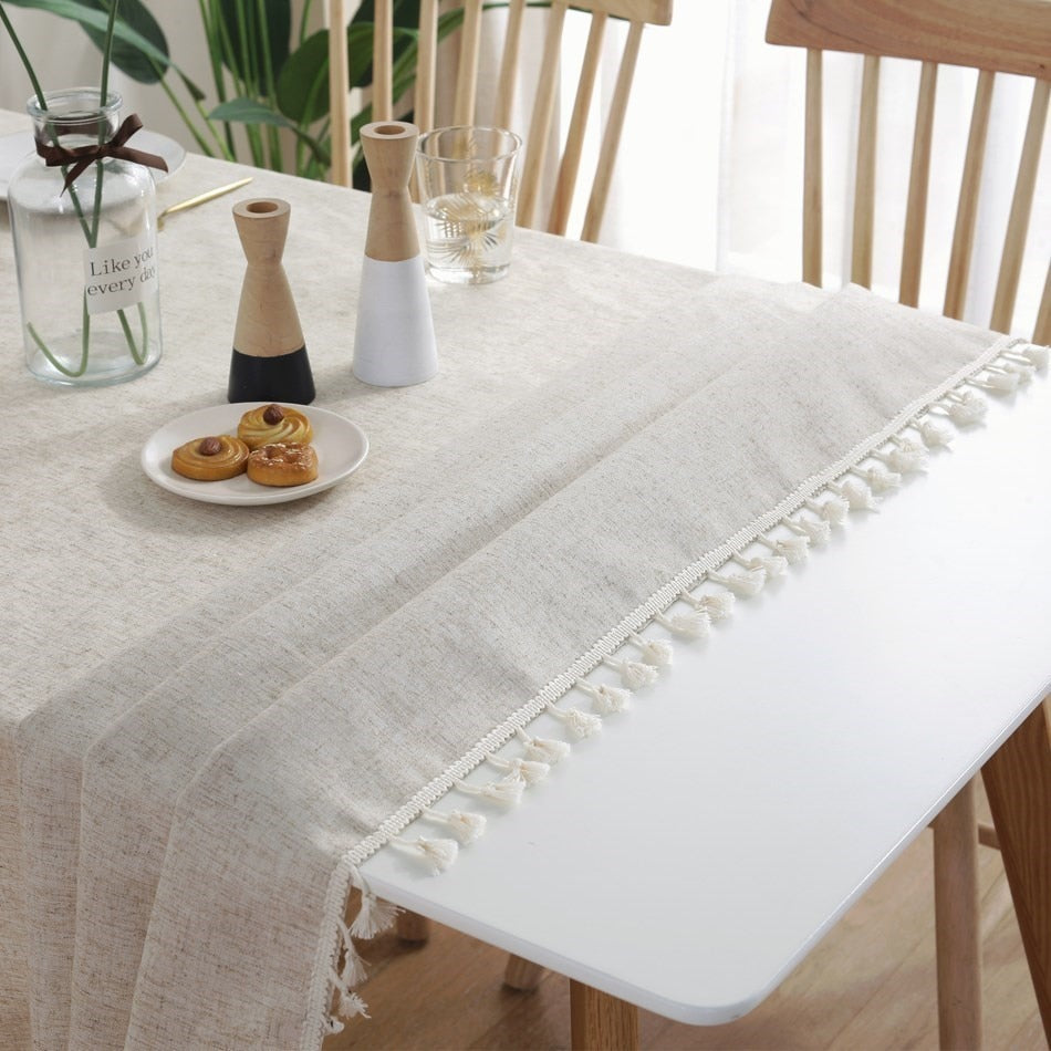 Cotton/Linen Rectangular Tablecloth with Lace/Tassel Boarder